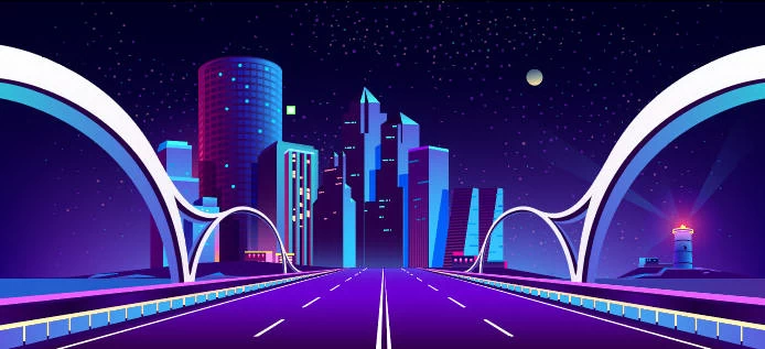 未来科技科幻霓虹灯渐变绚丽城市建筑夜景灯光插画AI/PSD设计素材100套【067】